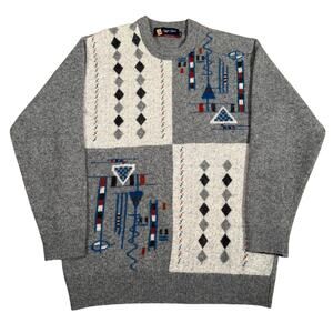 Vintage Lambswool Abstract Geometric Cable Knit Sweater Gray Large